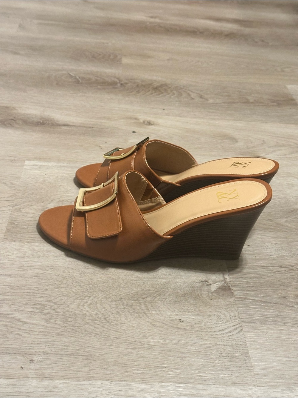 New York & Company Tan Wedge Slide Sandals with Gold Buckles